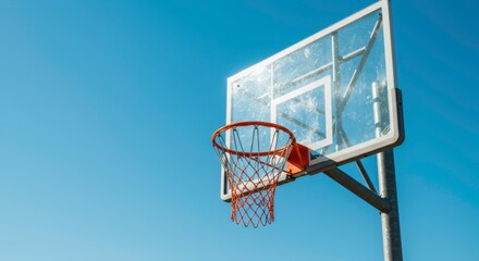 Naklejka premium Basketball hoop against a vibrant blue sky evokes sport and recreation outdoors