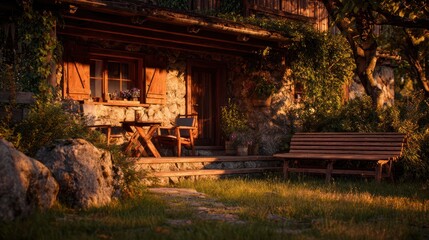Rustic cabin porch at sunset