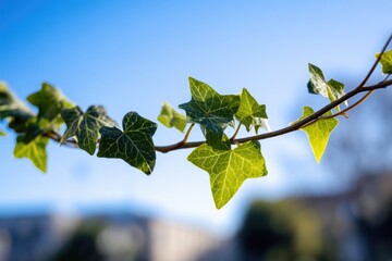 Obraz premium Close-up of vibrant green ivy leaves on a branch, set against a blurred blue sky