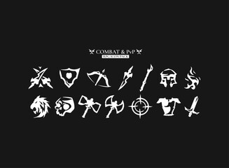 RPG combat PvP icon pack. Fantasy game vector symbol with sword, shield, bow, axe, skull, helmet, armor, fire, target, warrior, hero, class, item, weapon, emblem, silhouette, UI design.