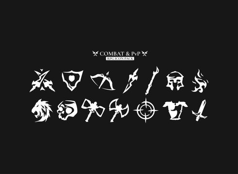 RPG combat PvP icon pack. Fantasy game vector symbol with sword, shield, bow, axe, skull, helmet, armor, fire, target, warrior, hero, class, item, weapon, emblem, silhouette, UI design.
