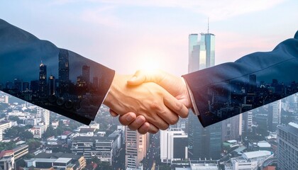 A handshake overlays stock charts and a digital globe, symbolizing global financial partnership.