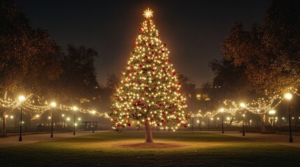 Experience the magic of Christmas with a beautifully lit tree in a serene park setting, perfect for holiday promotions, festive greetings, and heartwarming seasonal campaigns