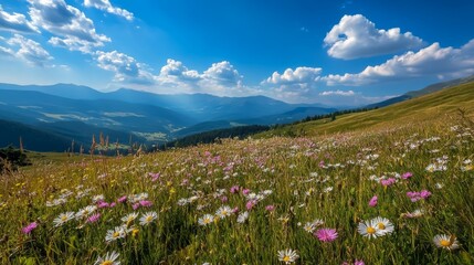 Fototapeta premium A serene wildflower meadow at golden hour, captured in a panoramic landscape with soft lighting and ample copy space, suitable for nature-themed websites or seasonal desktop backgrounds