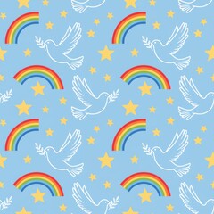 Obraz premium Colorful pattern of doves, rainbows, and stars in a bright blue background perfect for cheerful decorations and fabrics