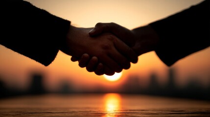 Two people shaking hands at sunset with warm orange tones, silhouettes against a glowing sky,