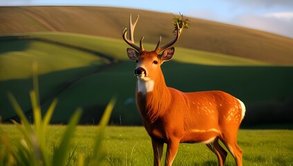 Majestic red deer in early morning sunlight – gentle rays filtering through trees, highlighting the stag’s features and creating a serene wildlife scene.