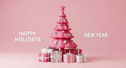 Pink Christmas Tree with Silver Ornaments and Wrapped Gifts on P