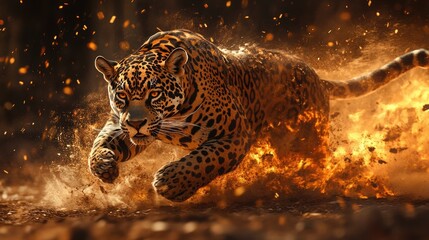Witness the raw power of a jaguar in motion, surrounded by an energetic blaze of vibrant color and dynamic sparks, perfect for conveying strength and untamed beauty in your next project