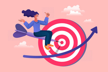 Business success and goal achievement concept. A happy businesswoman rides a dart into a target's bullseye, representing a successful strategy, focus, precision, and hitting a key performance objectiv © 365 days studio