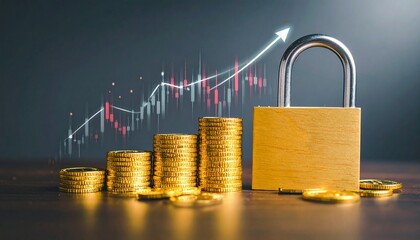 A businessman uses a glowing stylus to interact with financial charts, coins, and a padlock.