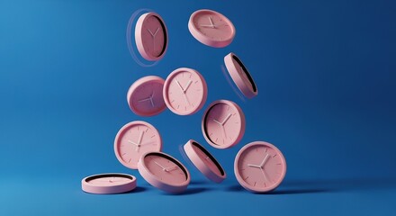 Pink clocks floating against a vibrant blue backdrop, symbolizin