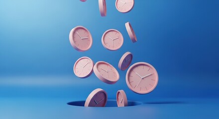 Pink clocks falling into a blue hole, symbolizing time slipping