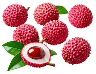 Close-up of several vibrant pink lychees, some whole, some halved, with a juicy red center, and green leaves