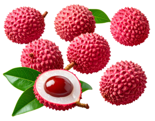 Close-up of several vibrant pink lychees, some whole, some halved, with a juicy red center, and green leaves
