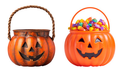 Empty metal Halloween pumpkin bucket and filled with assorted candy on transparent background