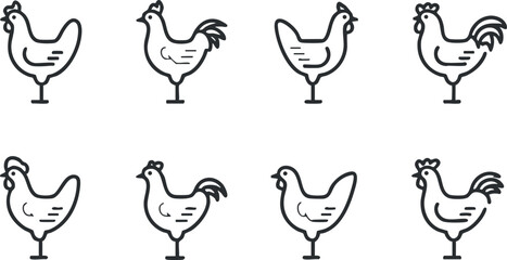 A collection of simple line art chickens in various poses, ideal for farm or food themes..