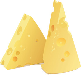 A piece of yellow Swiss cheese with holes, isolated on a white background, is a dairy food product