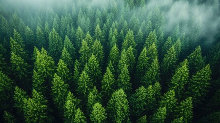 Explore a lush, vibrant green forest from above, perfect for travel and nature projects, showcasing a sense of peace and tranquility with a touch of mystery in the soft mist