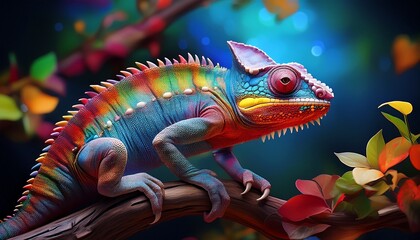 Fototapeta premium colourful chameleon on a branch midjourney generative ai chameleon colourful branch journey nature