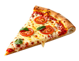 A single slice of pizza with tomatoes and basil, isolated on a black background