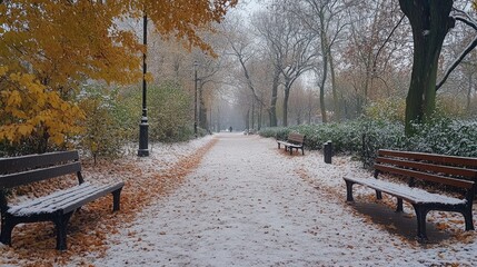 Peaceful stroll along a snow dusted park path lined with bare trees and benches, a beautiful winter landscape offering serenity and escape to nature, perfect for seasonal promotions