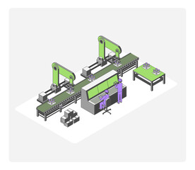 Cartoon Color Professional Workers People and Factory Conveyor Concept 3d Isometric View Line Elements. Vector illustration of Industrial Automation Process