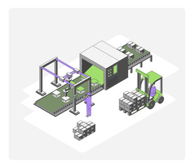 Cartoon Color Automated Sorting Factory Conveyor Concept 3d Isometric View Line Elements. Vector illustration of Industrial Automation Process