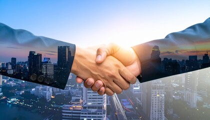 A handshake overlays stock charts and a digital globe, symbolizing global financial partnership.