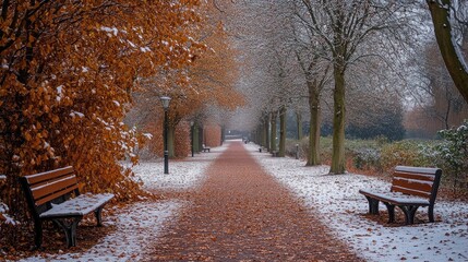 Experience the serene beauty of a snow-dusted autumn park with benches lining the leaf-strewn path under a canopy of trees, evoking peace and tranquility in a natural setting