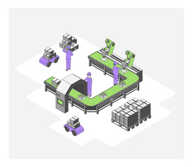 Cartoon Color Engineer Controlling Factory Conveyor Concept 3d Isometric View Line Elements. Vector illustration of Industrial Automation Process