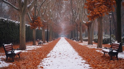 Experience the serene beauty of a snow-dusted park in autumn, inviting a quiet moment of reflection amidst the falling leaves and gentle winter chill, perfect for seasonal campaigns