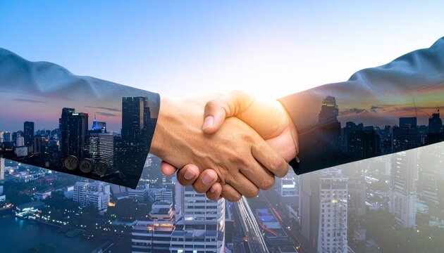 A handshake overlays stock charts and a digital globe, symbolizing global financial partnership.