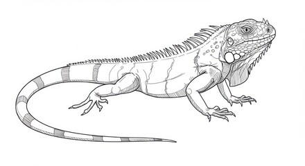 Detailed Line Art of a Green Iguana Illustration on a Clean White Background