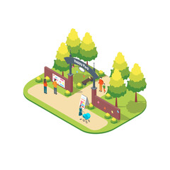 Cartoon Color Character People and Entrance Scene Summer Park Fest Concept 3d Isometric View. Vector illustration