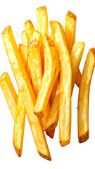Pile of crispy, golden-brown potato strips, sprinkled with salt, isolated on black