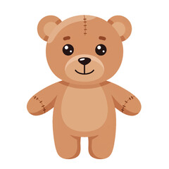 A charmingly cute teddy bear toy is presented in a cheerful flat 2D vector illustration style, standing simply isolated against a pristine plain white background.