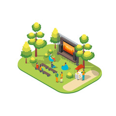 Cartoon Color Character People and Open Air Cinema Scene Park Summer Fest Concept 3d Isometric View. Vector illustration