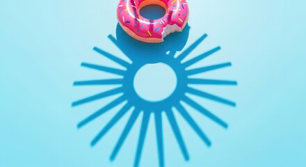 Pink Donut Pool Float with Shadow on Blue Background, Summer Vib