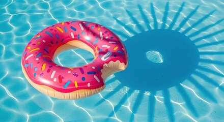 Pink Donut Pool Float with Bite Mark and Shadow in Sparkling Wat