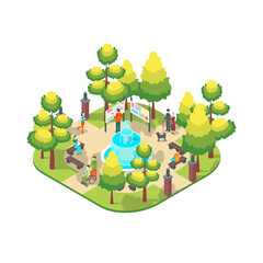Cartoon Color Character People and Leisure Scene Park Summer Fest Concept 3d Isometric View. Vector illustration