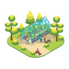 Cartoon Color Character People and Glass Greenhouse with Plants Scene Park Summer Fest Concept 3d Isometric View. Vector illustration