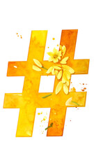 A yellow watercolor hashtag adorned with delicate yellow flowers against a black background