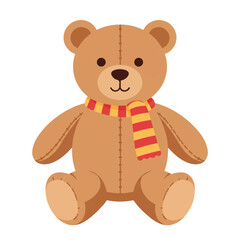 A charming and cute teddy bear toy, adorned with a cozy scarf, is presented as a vibrant 2D flat vector illustration against a pristine plain white background, radiating warmth and innocence.