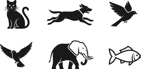 Animal silhouette set, cat, dog, bird, elephant, fish, black and white vector, domestic and wild species, minimal illustration icons