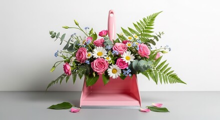 Pink Dustpan Overflowing with Roses, Daisies, Ferns, and Forget-