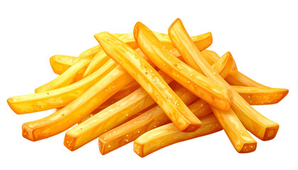 Golden-brown, crispy fries, salted, stacked on a transparent background