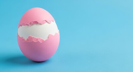Pink Easter Egg with Cracked Shell on a Blue Background
