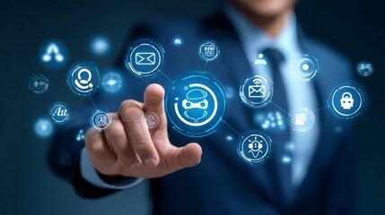 An executive expertly navigates the digital realm, activating a futuristic interface, symbolizing the convergence of advanced technology and business strategy.