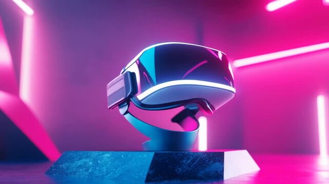 Futuristic VR Headset Displayed in Neon Lit Room.